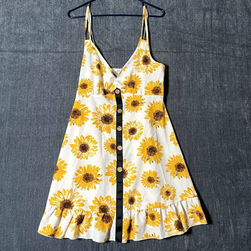 DRESSFO Sundress Womens Medium M White Yellow Sunflower V-Neck Button NWT READ
